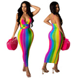 Fashionable And Sexy Deep V Striped Gradient Printed Suspender Hip Skirt - Fashionistas Showroom