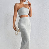 Two-piece Chest Wrap + High Waist Slit Skirt Suit - Fashionistas Showroom