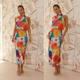 Printed Halter Sleeveless Waist-tight Dress - Fashionistas Showroom