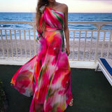 Rainbow Print Pleated Waist Dress - Fashionistas Showroom