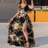 Sexy V-neck Print Swing Dress Women With Belt - Fashionistas Showroom