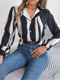 Contrast Color Striped Suit Collar Long Sleeve Shirt - Fashionistas Showroom