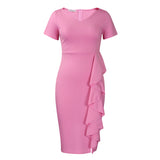 Women's New Short-sleeved Solid Color Package Hip Ruffled High Waist Tongle African Dress
