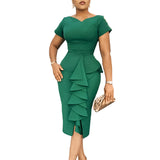 Women's New Short-sleeved Solid Color Package Hip Ruffled High Waist Tongle African Dress