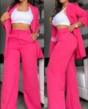 Women's Elegant Solid Color Split Sleeve Lapel Suit Pocket Straight Pants Suit