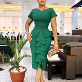 Women's New Short-sleeved Solid Color Package Hip Ruffled High Waist Tongle African Dress